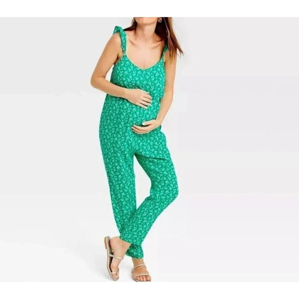 The‎ Nines by HATCH Target Maternity Green Floral Ruffle Strap Rayon Jumpsuit L